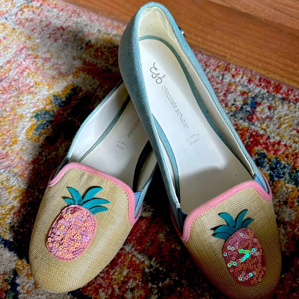 Chocolate Schubar Pineapple loafers. Stiff canvas. Size 9- love them